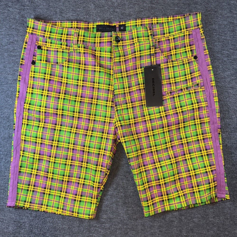 Decibel Mens Plaid Shorts With Purple Tape Shorts Green Purple Sz 42 NEW